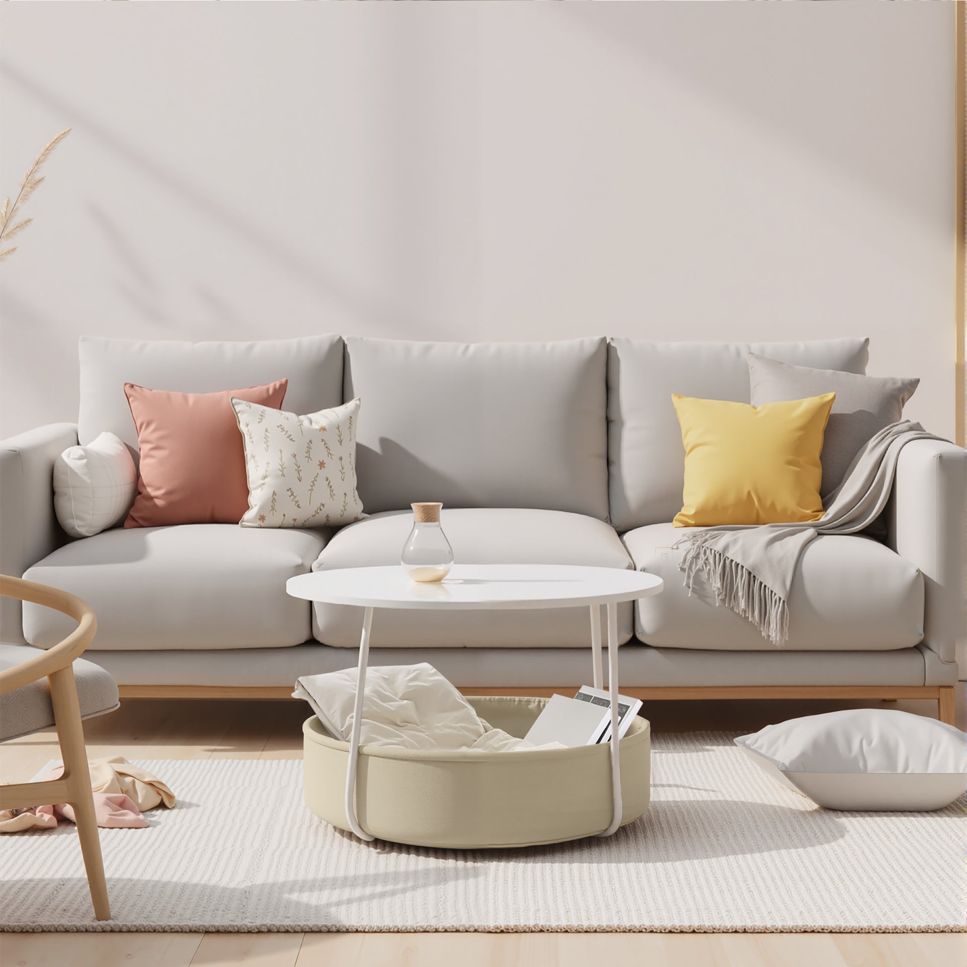Table basse ronde à 2 niveaux FurnitureR avec panier de rangement en tissu, table d'appoint moderne de 75 cm (29,53 pouces) pour salon, chambre ou bureau, blanc/camel