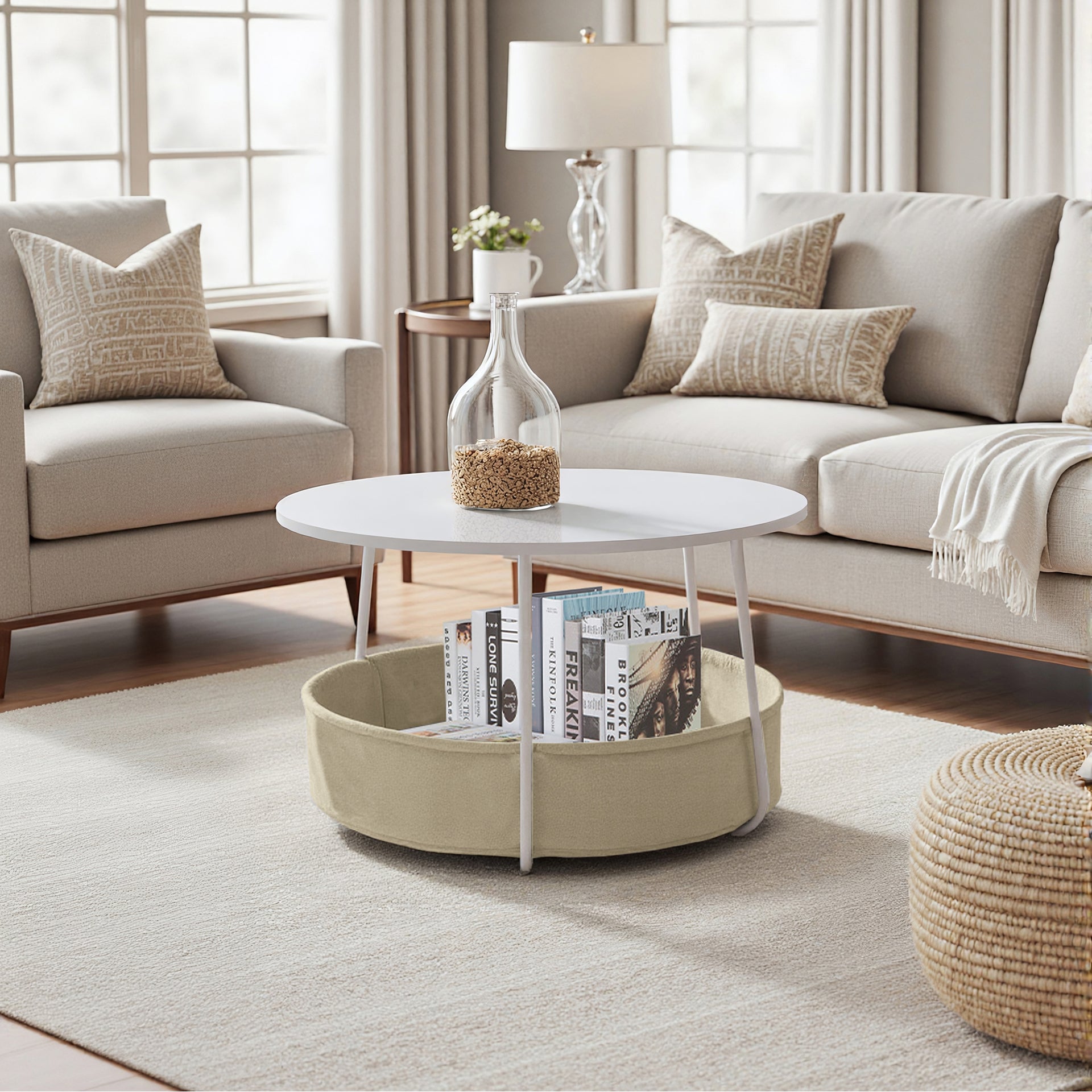 Table basse ronde à 2 niveaux FurnitureR avec panier de rangement en tissu, table d'appoint moderne de 75 cm (29,53 pouces) pour salon, chambre ou bureau, blanc/camel