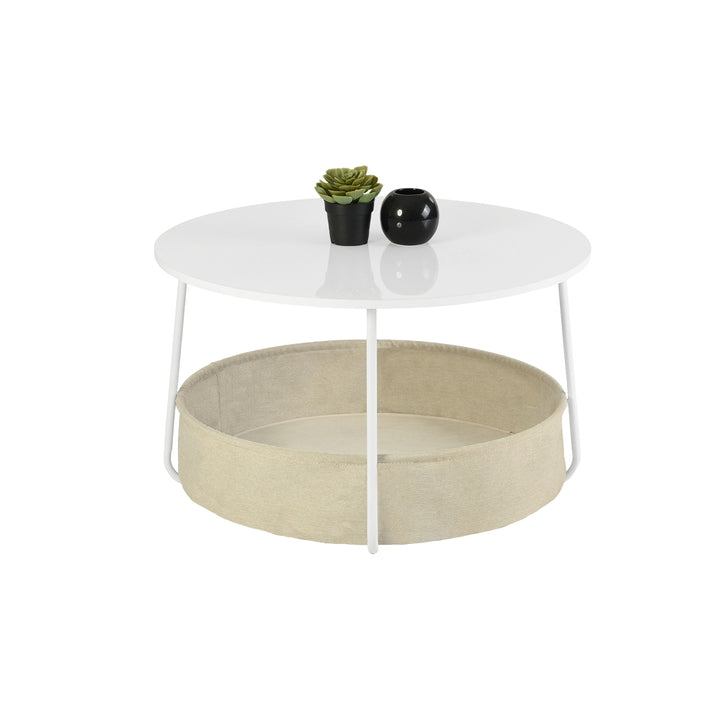 FurnitureR runder Couchtisch mit zwei Ebenen und Stoffkorb, moderner Beistelltisch (75 cm Durchmesser) für Wohnzimmer, Schlafzimmer oder Büro, Weiß/Camel