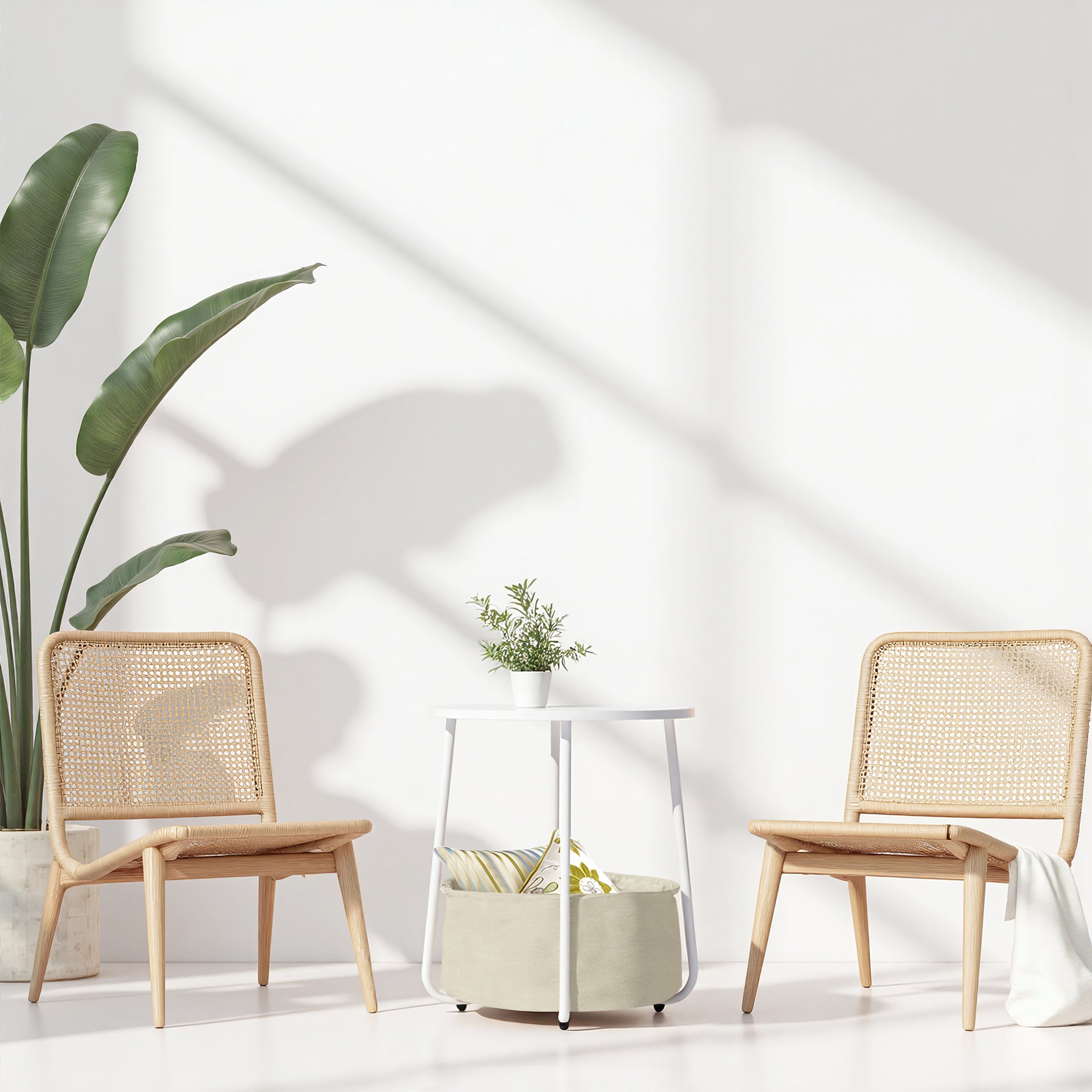 Table d'appoint ronde à 2 niveaux FurnitureR avec panier de rangement en tissu, petite table de chevet avec structure en métal pour salon, chambre, bureau ou chambre d'étudiant, blanche