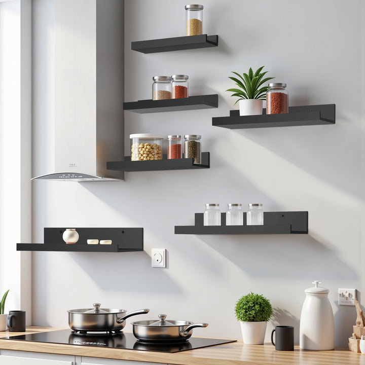 FurnitureR Floating Shelves Wall Mounted Set of 6, Wood Storage Display Ledge Shelves for Bathroom, Bedroom, Living Room, Kitchen, Office, Black