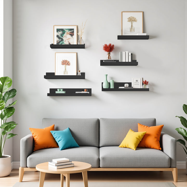 FurnitureR Floating Shelves Wall Mounted Set of 6, Wood Storage Display Ledge Shelves for Bathroom, Bedroom, Living Room, Kitchen, Office, Black