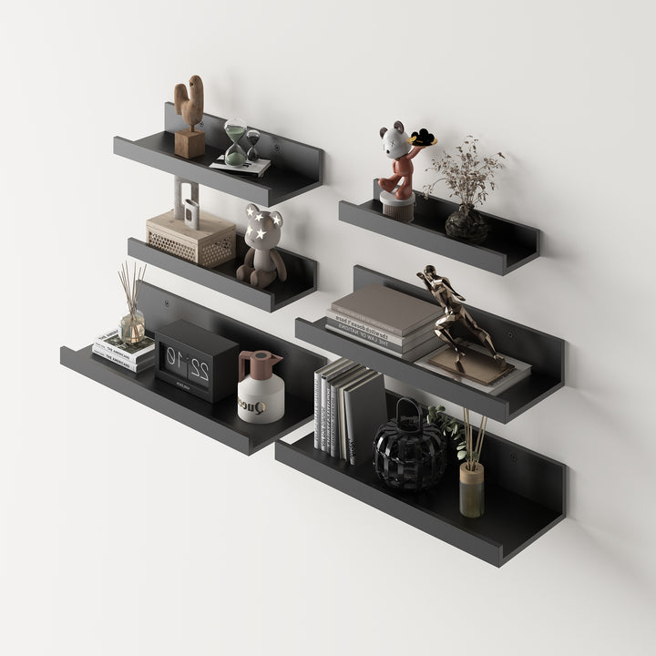 FurnitureR Floating Shelves Wall Mounted Set of 6, Wood Storage Display Ledge Shelves for Bathroom, Bedroom, Living Room, Kitchen, Office, Black