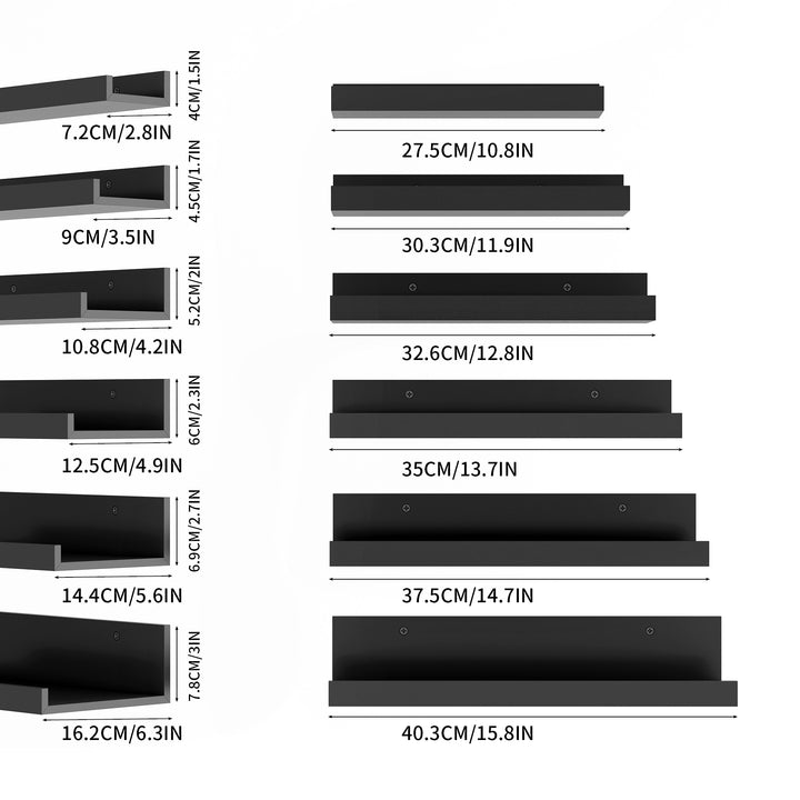 FurnitureR Floating Shelves Wall Mounted Set of 6, Wood Storage Display Ledge Shelves for Bathroom, Bedroom, Living Room, Kitchen, Office, Black