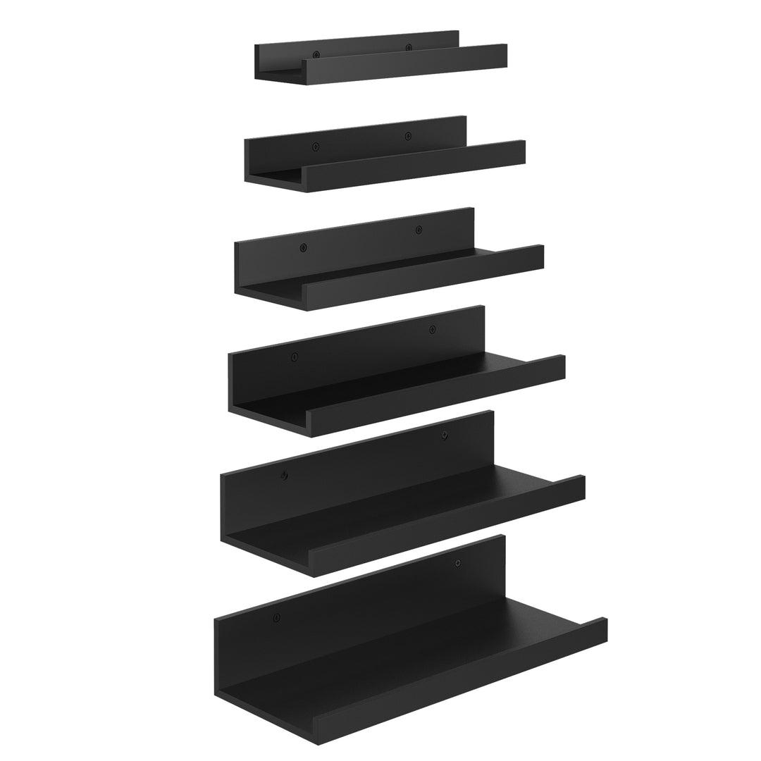 FurnitureR Floating Shelves Wall Mounted Set of 6, Wood Storage Display Ledge Shelves for Bathroom, Bedroom, Living Room, Kitchen, Office, Black