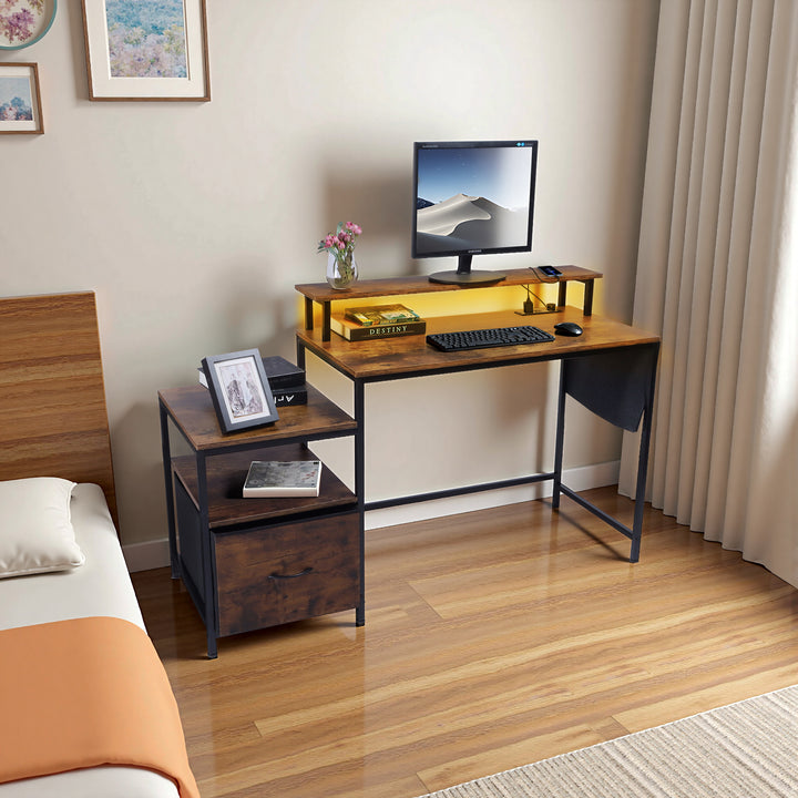 FurnitureR Computertisch, Monitorständer, Schublade, Seitenablage &amp; Stofftasche, 100 cm (39,4 Zoll) breiter Schreibtisch fürs Homeoffice, rustikales Braun