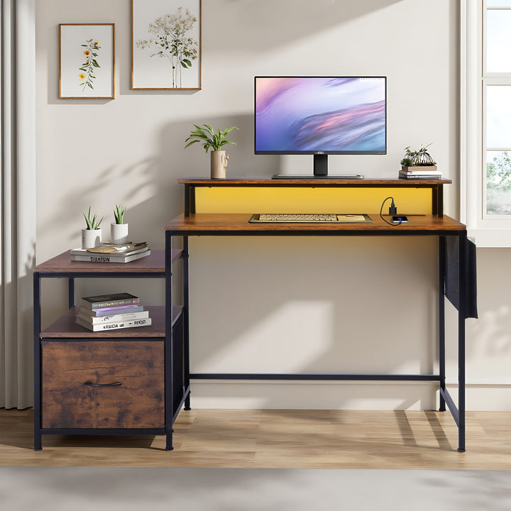 FurnitureR Computertisch, Monitorständer, Schublade, Seitenablage &amp; Stofftasche, 100 cm (39,4 Zoll) breiter Schreibtisch fürs Homeoffice, rustikales Braun