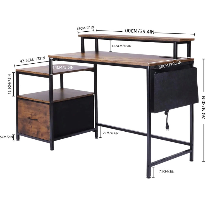 FurnitureR Computertisch, Monitorständer, Schublade, Seitenablage &amp; Stofftasche, 100 cm (39,4 Zoll) breiter Schreibtisch fürs Homeoffice, rustikales Braun