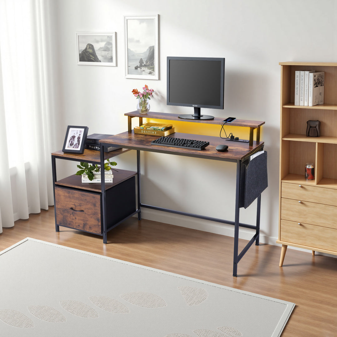 FurnitureR Computertisch, Monitorständer, Schublade, Seitenablage &amp; Stofftasche, 100 cm (39,4 Zoll) breiter Schreibtisch fürs Homeoffice, rustikales Braun