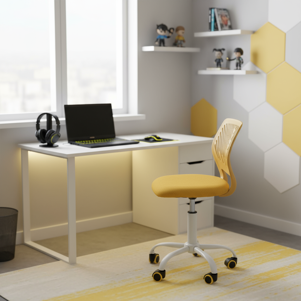 FurnitureR Chaise de Bureau Ergonomique Mesh Jaune Lime avec Base Métal Blanc