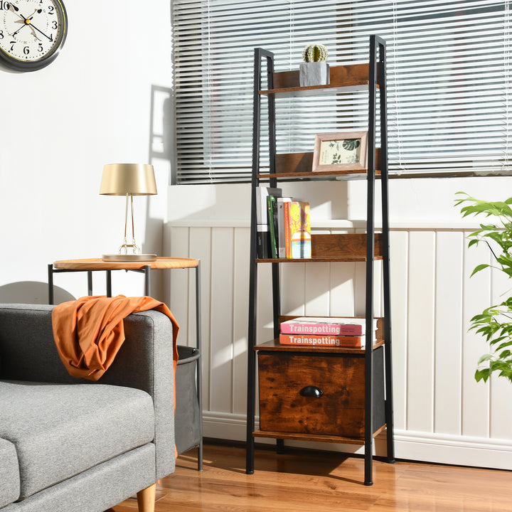 Furniture R Étagère Échelle à 4 Niveaux, Bibliothèque, Rangement avec Tiroirs en Non-Tissé, pour Le Salon, la Chambre, Le Bureau, Etagères de Jardin H 110cm, Style Industriel, Marron Rustique