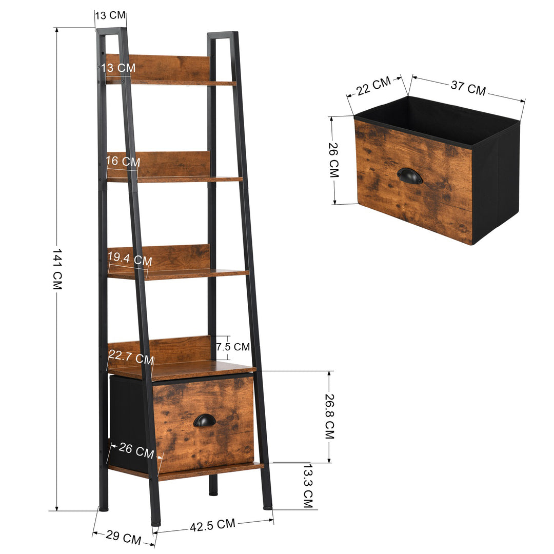Furniture R Étagère Échelle à 4 Niveaux, Bibliothèque, Rangement avec Tiroirs en Non-Tissé, pour Le Salon, la Chambre, Le Bureau, Etagères de Jardin H 110cm, Style Industriel, Marron Rustique