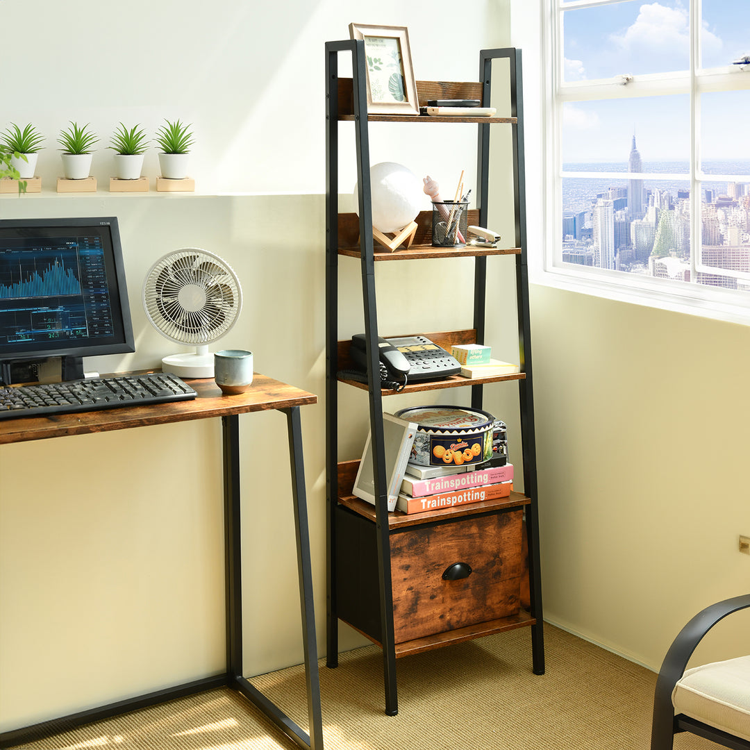 Furniture R Étagère Échelle à 4 Niveaux, Bibliothèque, Rangement avec Tiroirs en Non-Tissé, pour Le Salon, la Chambre, Le Bureau, Etagères de Jardin H 110cm, Style Industriel, Marron Rustique