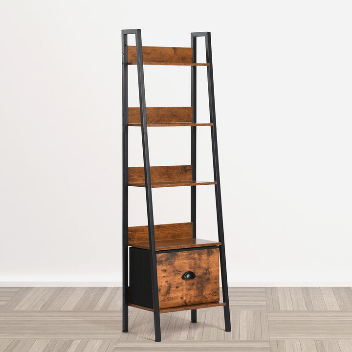 Furniture R Étagère Échelle à 4 Niveaux, Bibliothèque, Rangement avec Tiroirs en Non-Tissé, pour Le Salon, la Chambre, Le Bureau, Etagères de Jardin H 110cm, Style Industriel, Marron Rustique