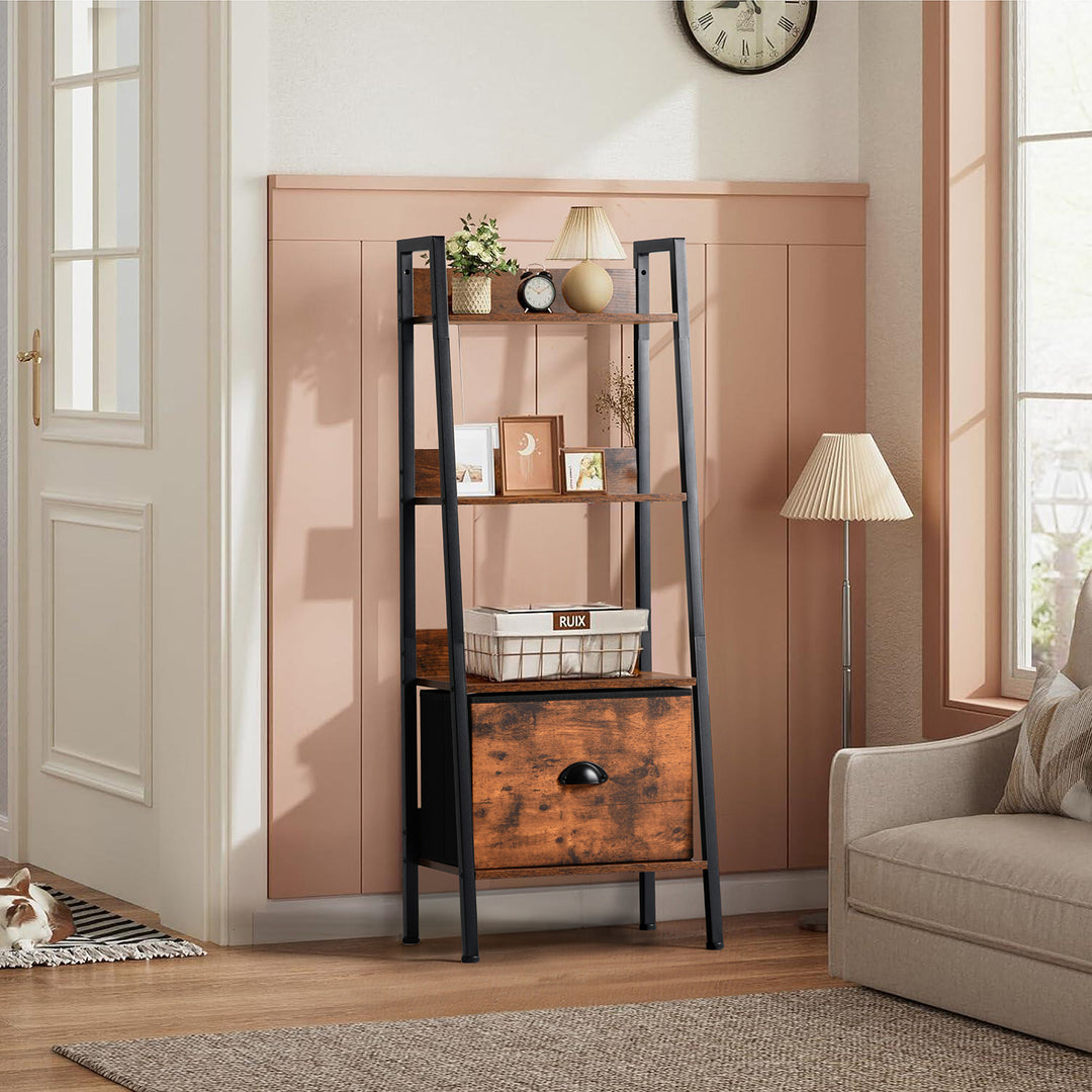 Furniture R Étagère Échelle à 4 Niveaux, Bibliothèque, Rangement avec Tiroirs en Non-Tissé, pour Le Salon, la Chambre, Le Bureau, Etagères de Jardin H 110cm, Style Industriel, Marron Rustique