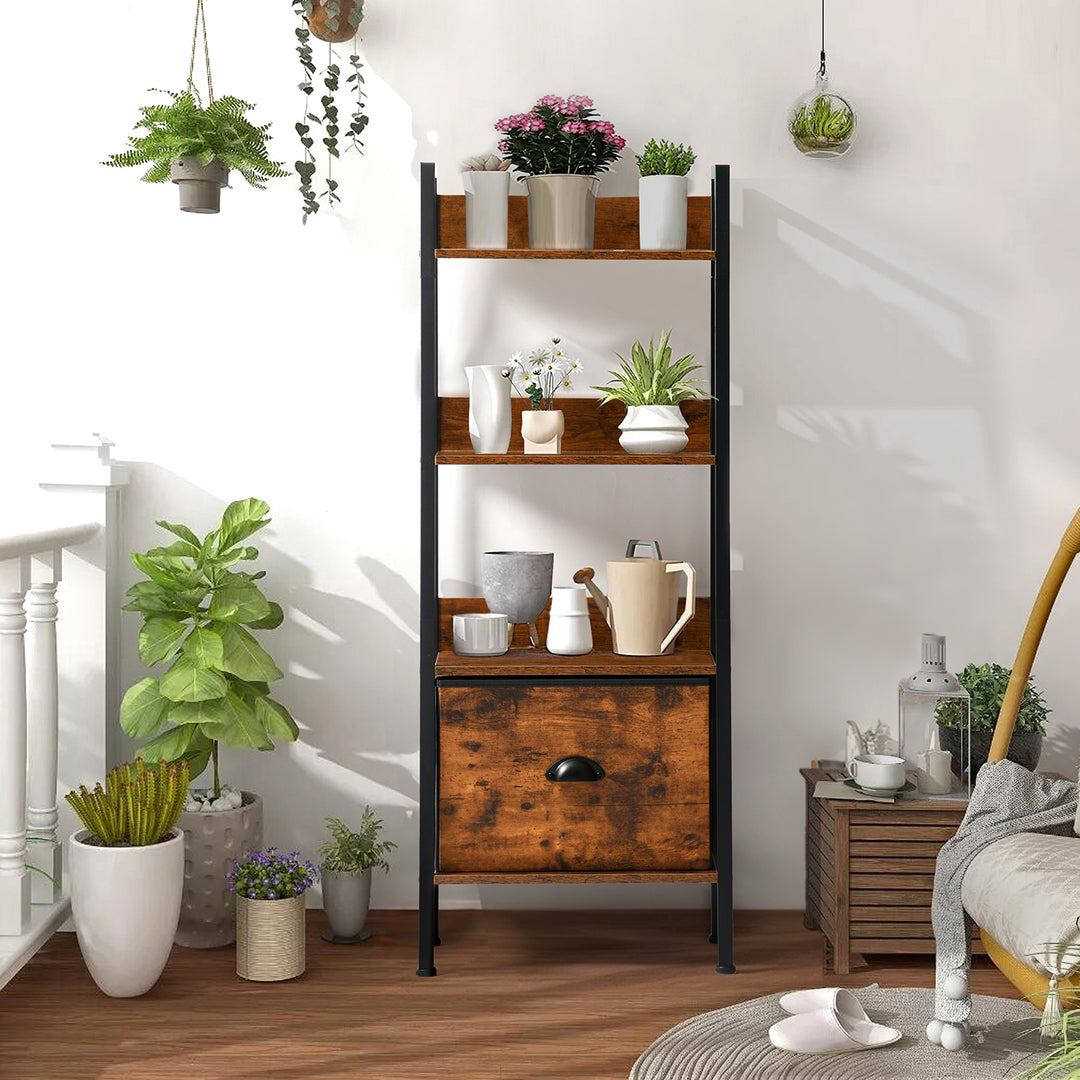 Furniture R Étagère Échelle à 4 Niveaux, Bibliothèque, Rangement avec Tiroirs en Non-Tissé, pour Le Salon, la Chambre, Le Bureau, Etagères de Jardin H 110cm, Style Industriel, Marron Rustique