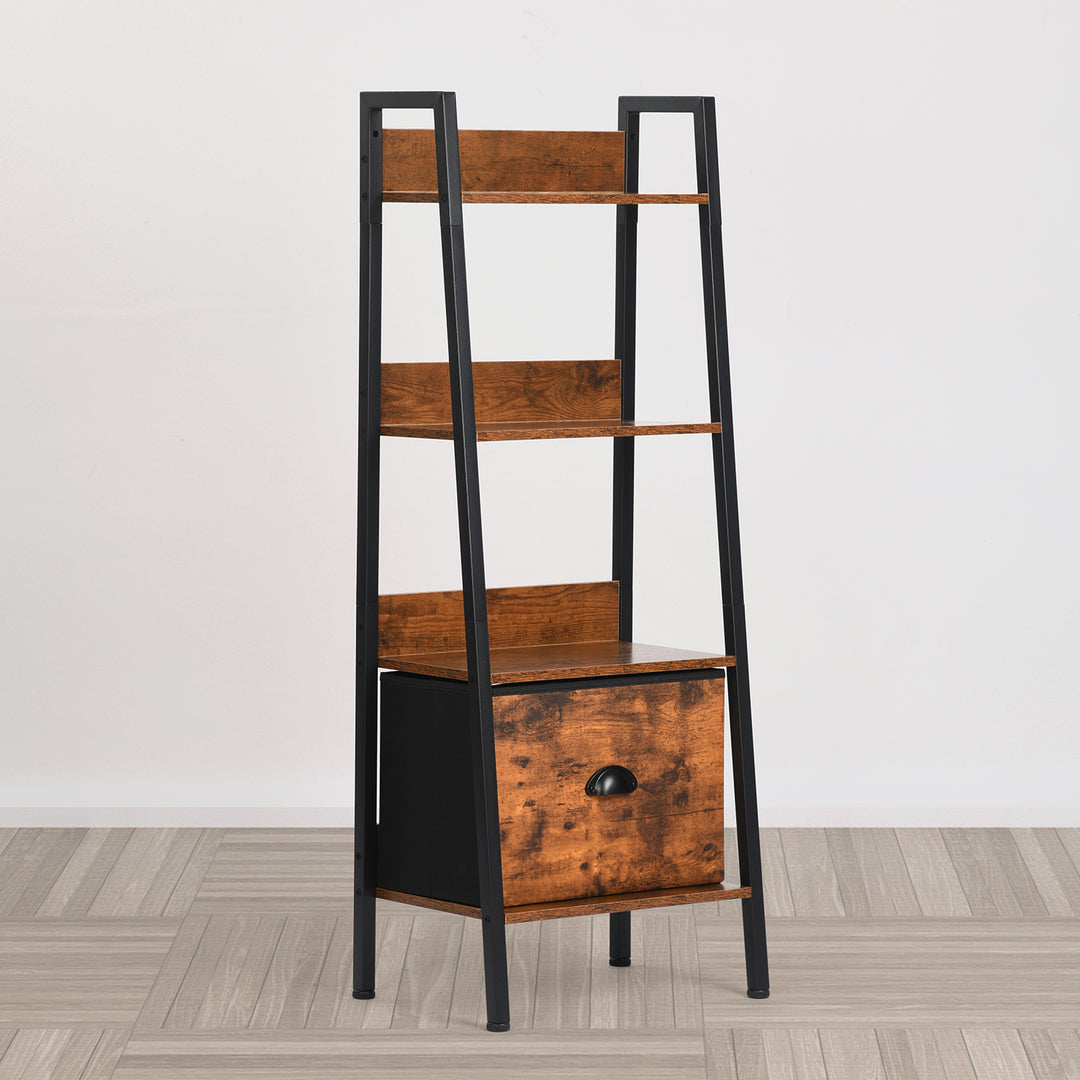 Furniture R Étagère Échelle à 4 Niveaux, Bibliothèque, Rangement avec Tiroirs en Non-Tissé, pour Le Salon, la Chambre, Le Bureau, Etagères de Jardin H 110cm, Style Industriel, Marron Rustique