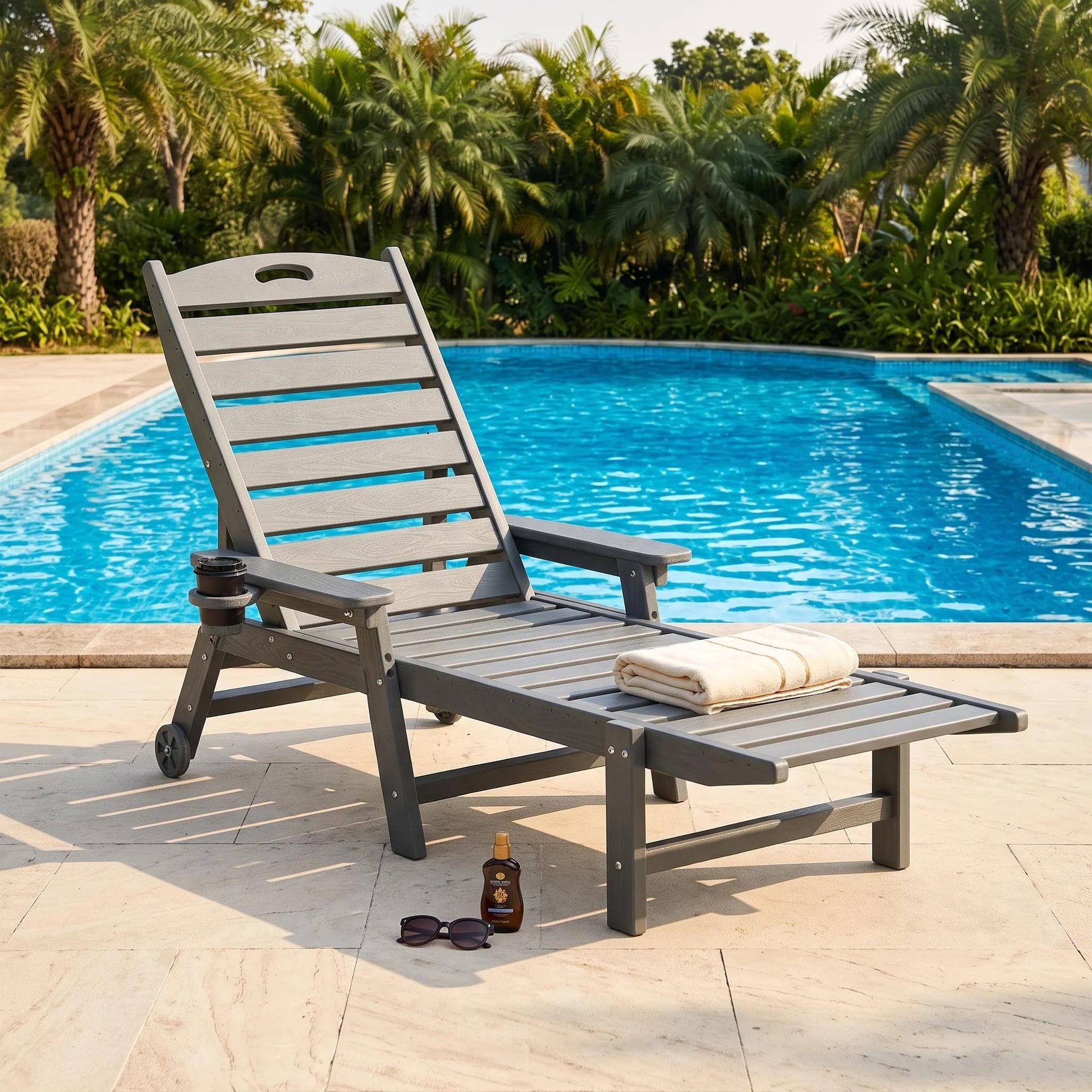 FurnitureR HDPE Outdoor Chaise Lounge Chair, 4-Position Adjustable Patio Recliner with Wheels, Cup Holder & Armrests for Poolside, Gray