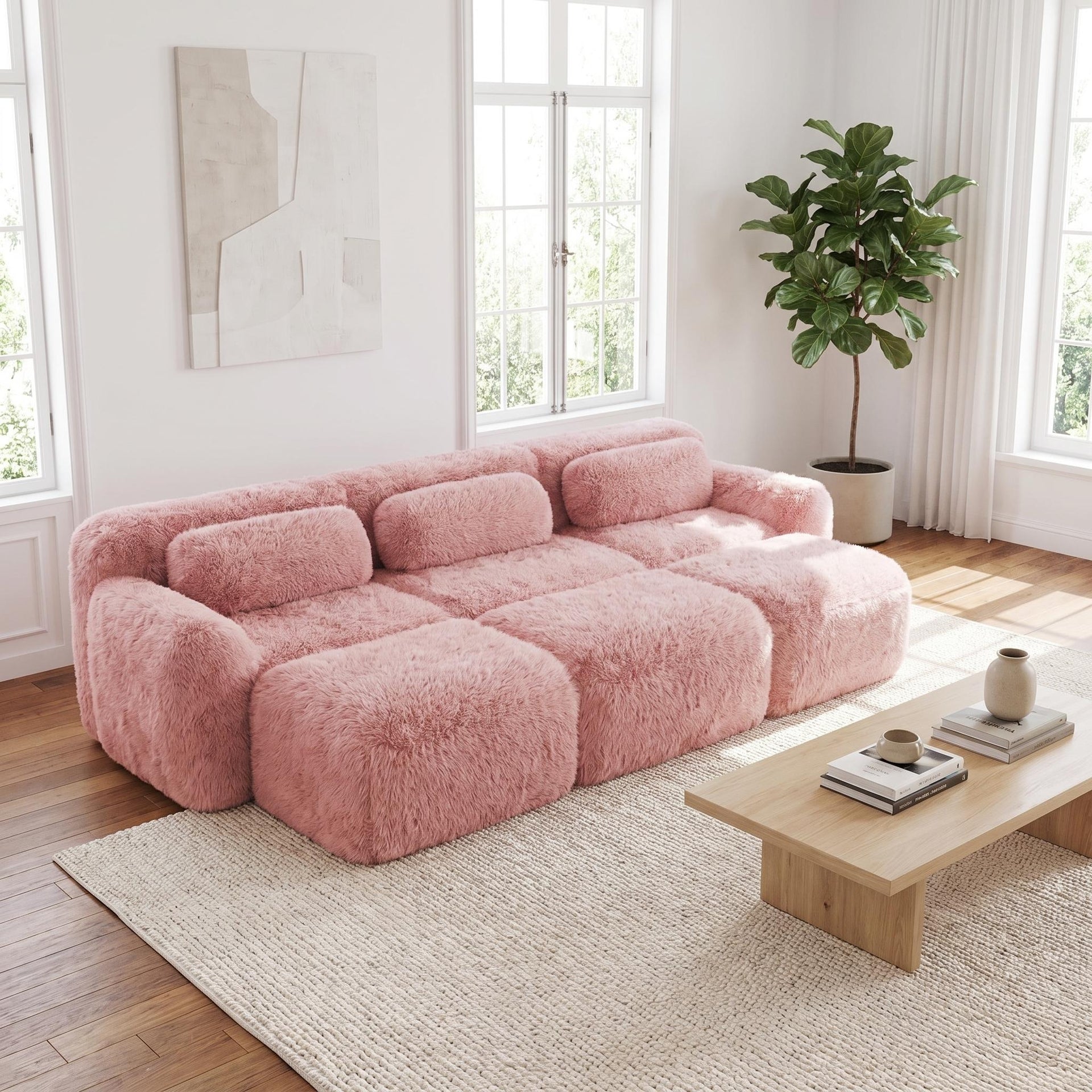 FurnitureR 114.7" Plush Modular Sofa Couch, 3-Seater Floor Sofa with Movable Ottomans, Deep Seat Comfy Lounge Couch for Living Room & Apartment, Pink