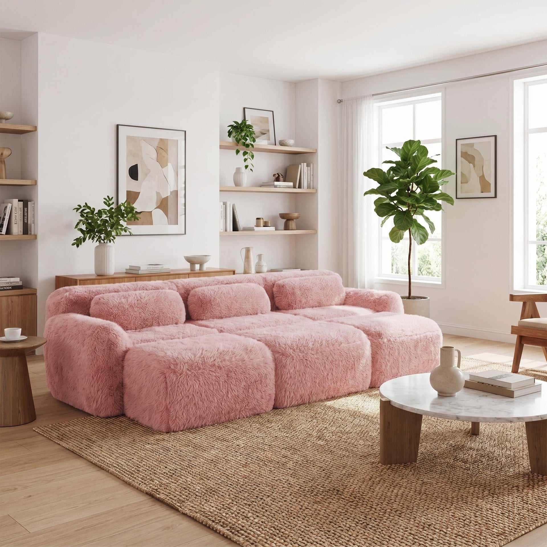FurnitureR 114.7" Plush Modular Sofa Couch, 3-Seater Floor Sofa with Movable Ottomans, Deep Seat Comfy Lounge Couch for Living Room & Apartment, Pink