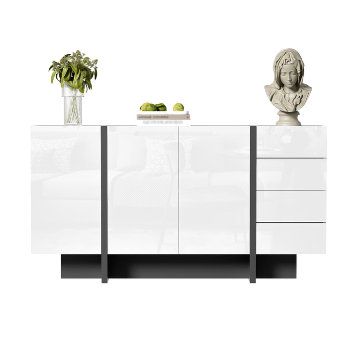 FurnitureR Buffet de Rangement Sous L'escalier - Haute Brillance, 2 Portes et 4 Tiroirs, Blanc et Noir, 150 x 40 x 80.5cm