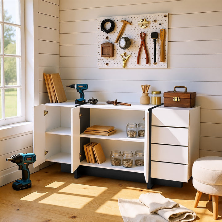 FurnitureR Buffet de Rangement Sous L'escalier - Haute Brillance, 2 Portes et 4 Tiroirs, Blanc et Noir, 150 x 40 x 80.5cm