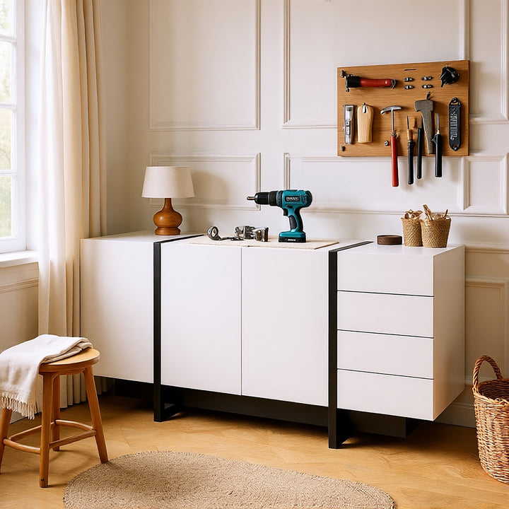 FurnitureR Buffet de Rangement Sous L'escalier - Haute Brillance, 2 Portes et 4 Tiroirs, Blanc et Noir, 150 x 40 x 80.5cm