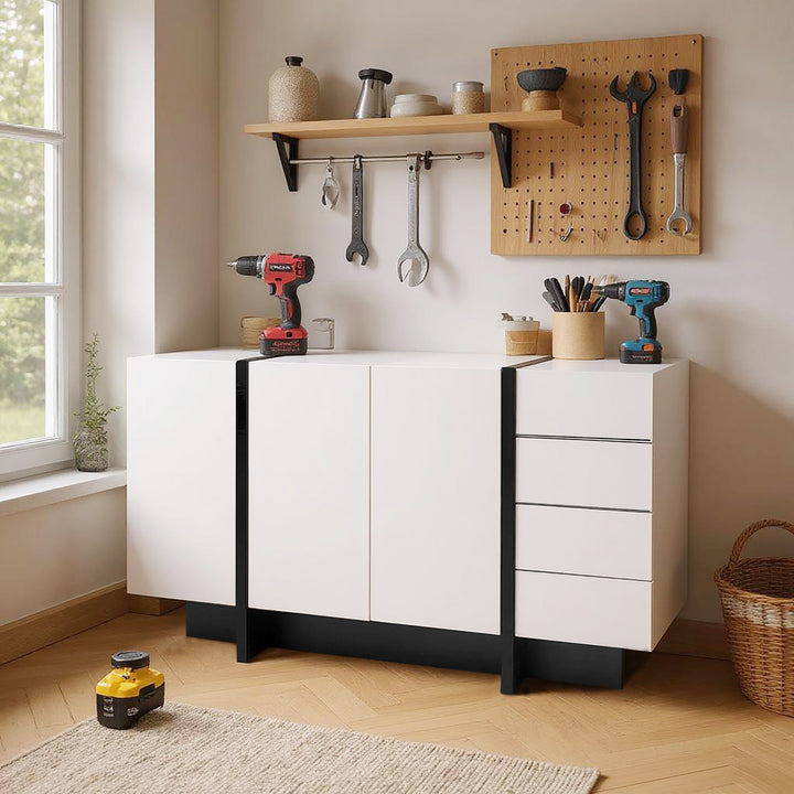 FurnitureR Buffet de Rangement Sous L'escalier - Haute Brillance, 2 Portes et 4 Tiroirs, Blanc et Noir, 150 x 40 x 80.5cm