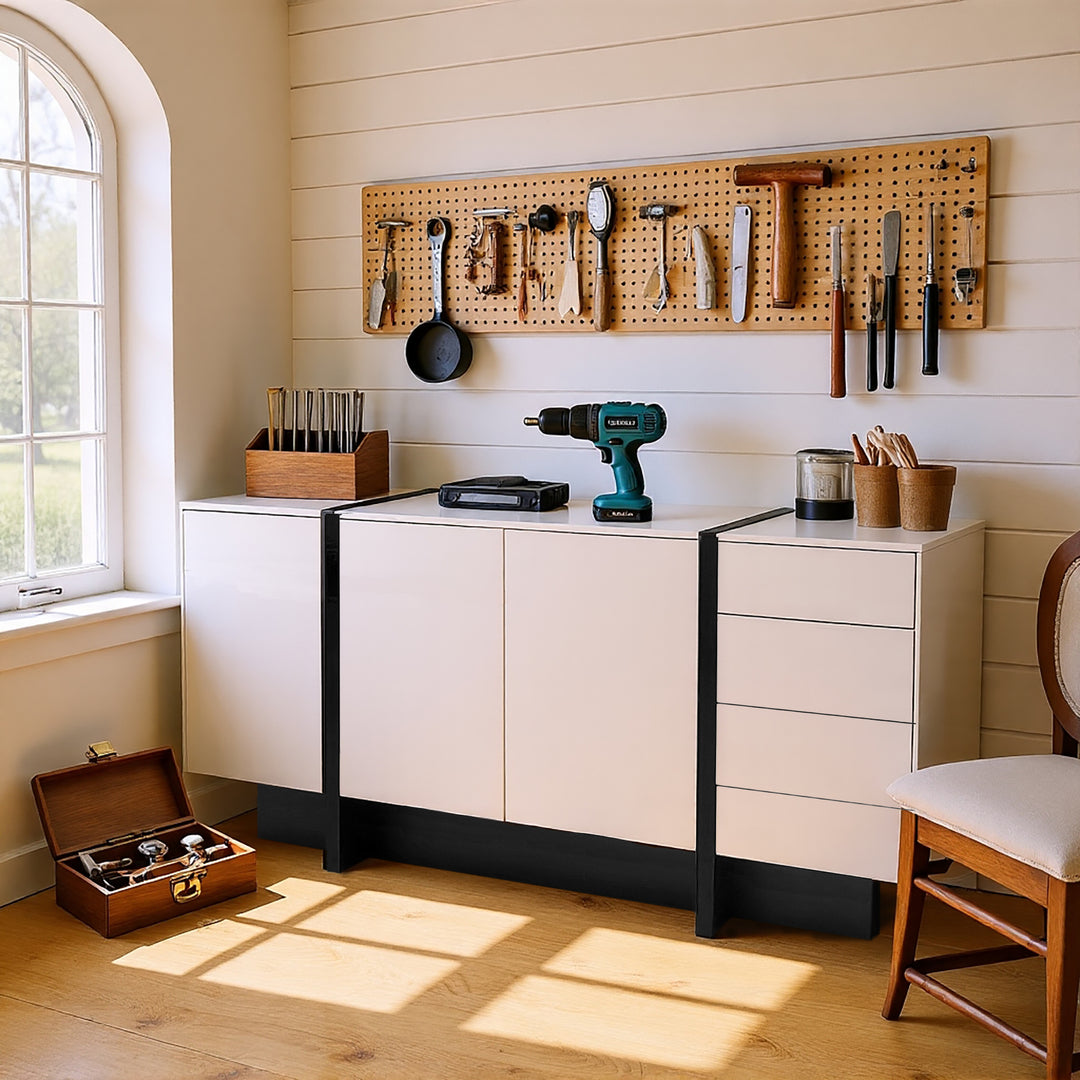 FurnitureR Buffet de Rangement Sous L'escalier - Haute Brillance, 2 Portes et 4 Tiroirs, Blanc et Noir, 150 x 40 x 80.5cm