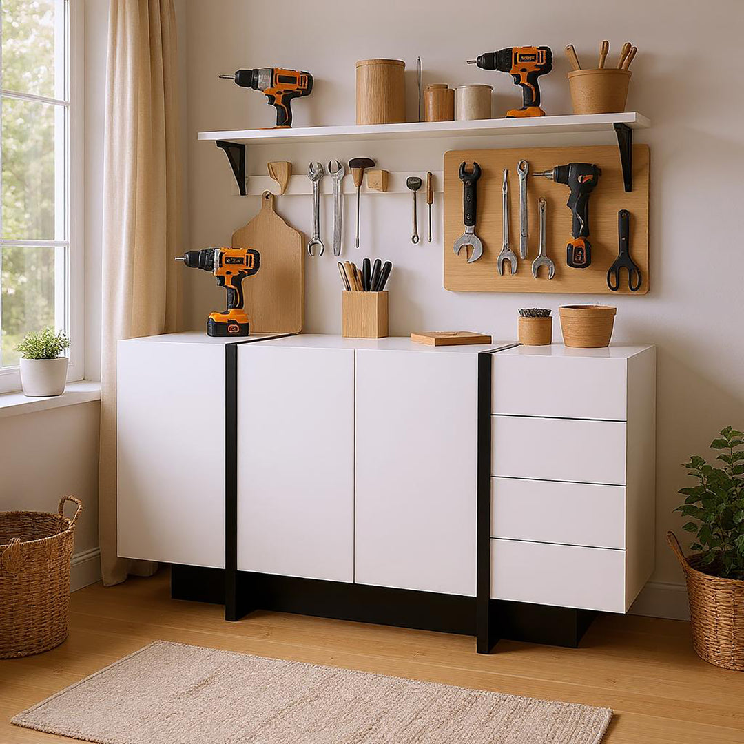 FurnitureR Buffet de Rangement Sous L'escalier - Haute Brillance, 2 Portes et 4 Tiroirs, Blanc et Noir, 150 x 40 x 80.5cm