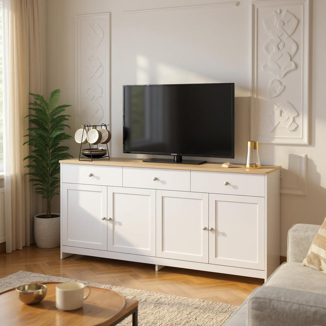 FurnitureR Garderobenschrank in weiß geädertem Holz mit 3 Tischen und 4 Türen, für einen Regalboden unter den Treppen – 160 cm