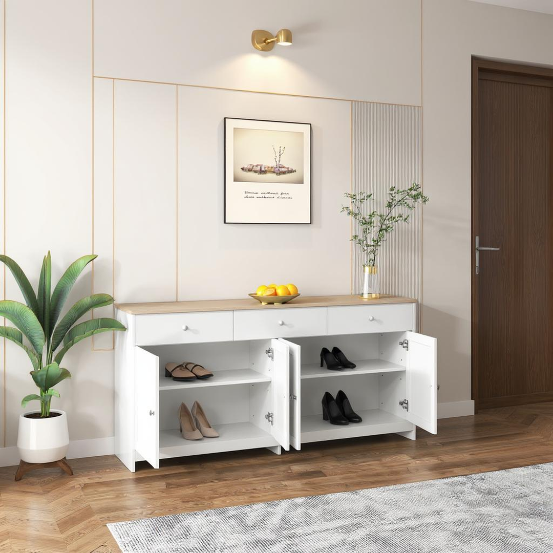 FurnitureR Garderobenschrank in weiß geädertem Holz mit 3 Tischen und 4 Türen, für einen Regalboden unter den Treppen – 160 cm