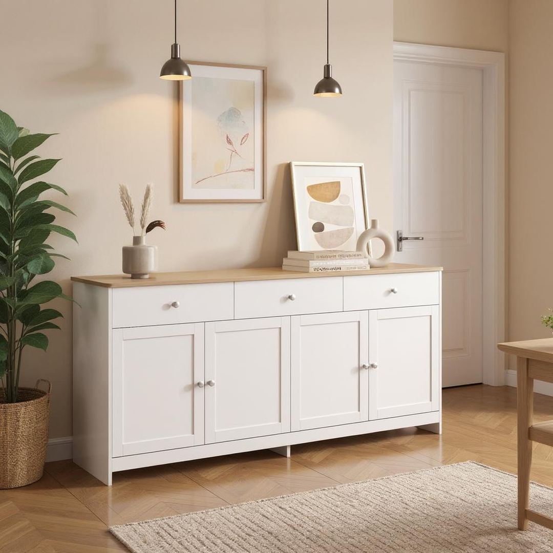 FurnitureR Garderobenschrank in weiß geädertem Holz mit 3 Tischen und 4 Türen, für einen Regalboden unter den Treppen – 160 cm