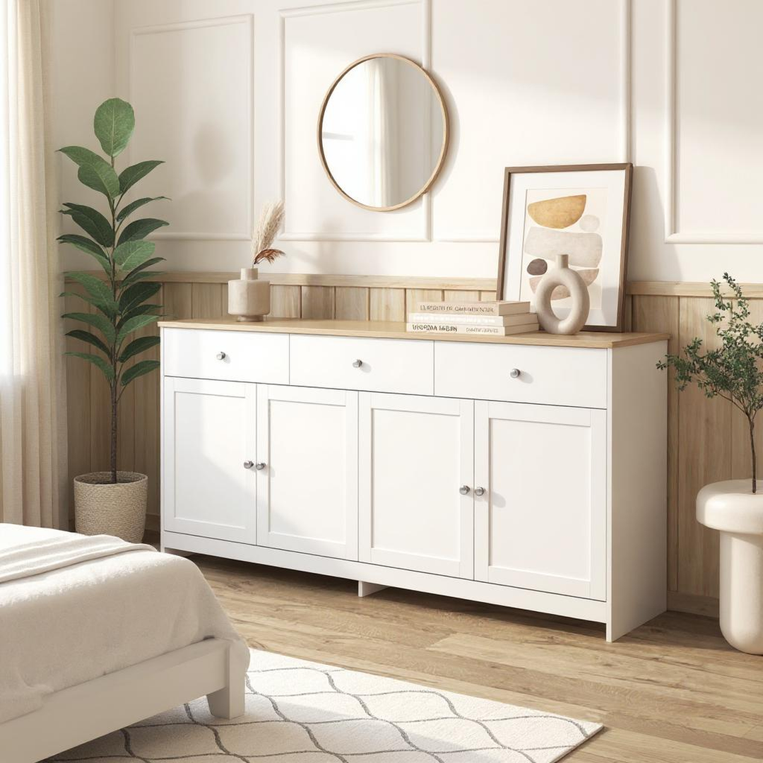 FurnitureR Garderobenschrank in weiß geädertem Holz mit 3 Tischen und 4 Türen, für einen Regalboden unter den Treppen – 160 cm