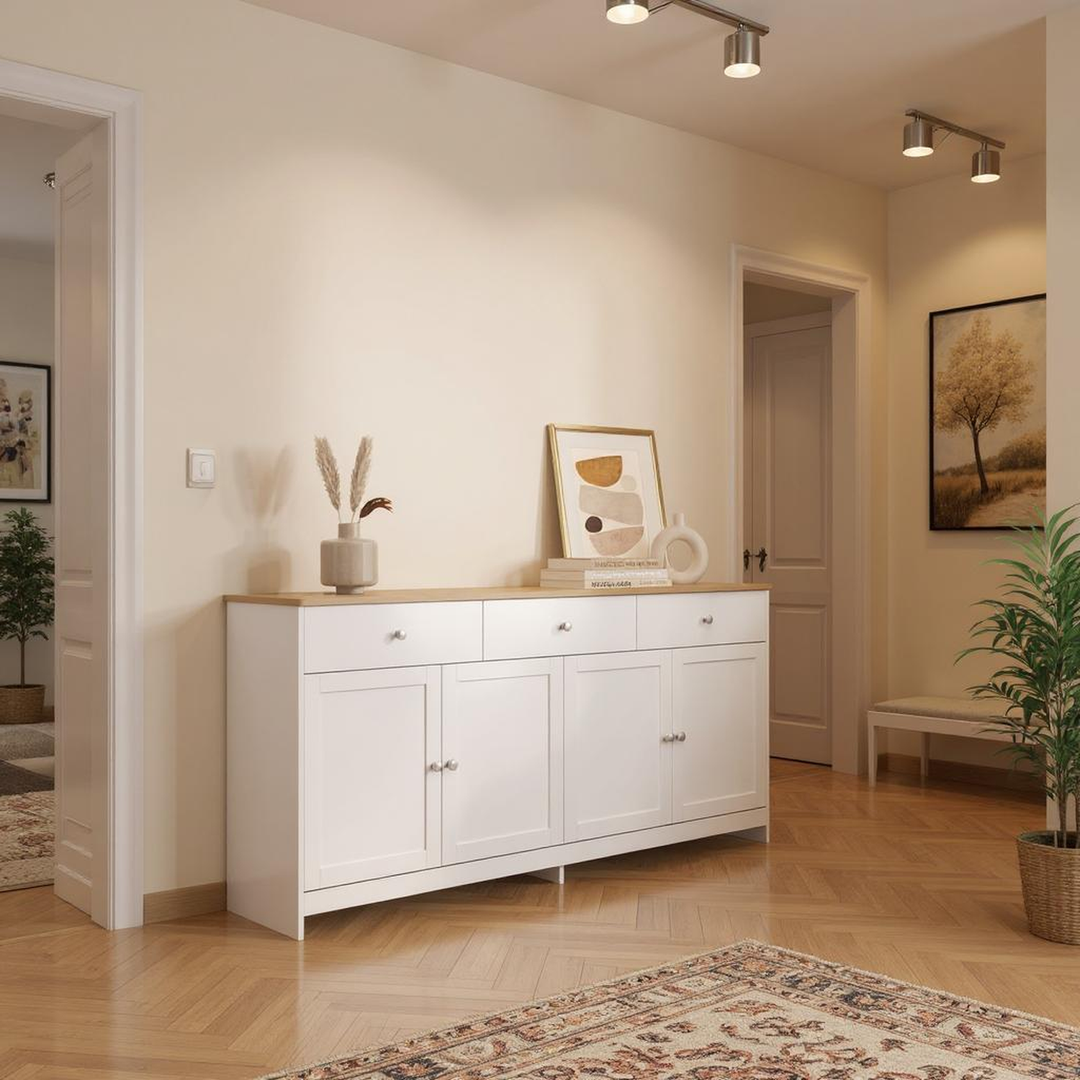 FurnitureR Garderobenschrank in weiß geädertem Holz mit 3 Tischen und 4 Türen, für einen Regalboden unter den Treppen – 160 cm