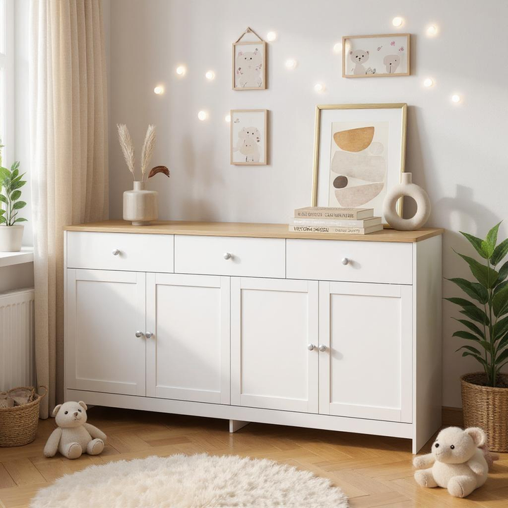 FurnitureR Garderobenschrank in weiß geädertem Holz mit 3 Tischen und 4 Türen, für einen Regalboden unter den Treppen – 160 cm