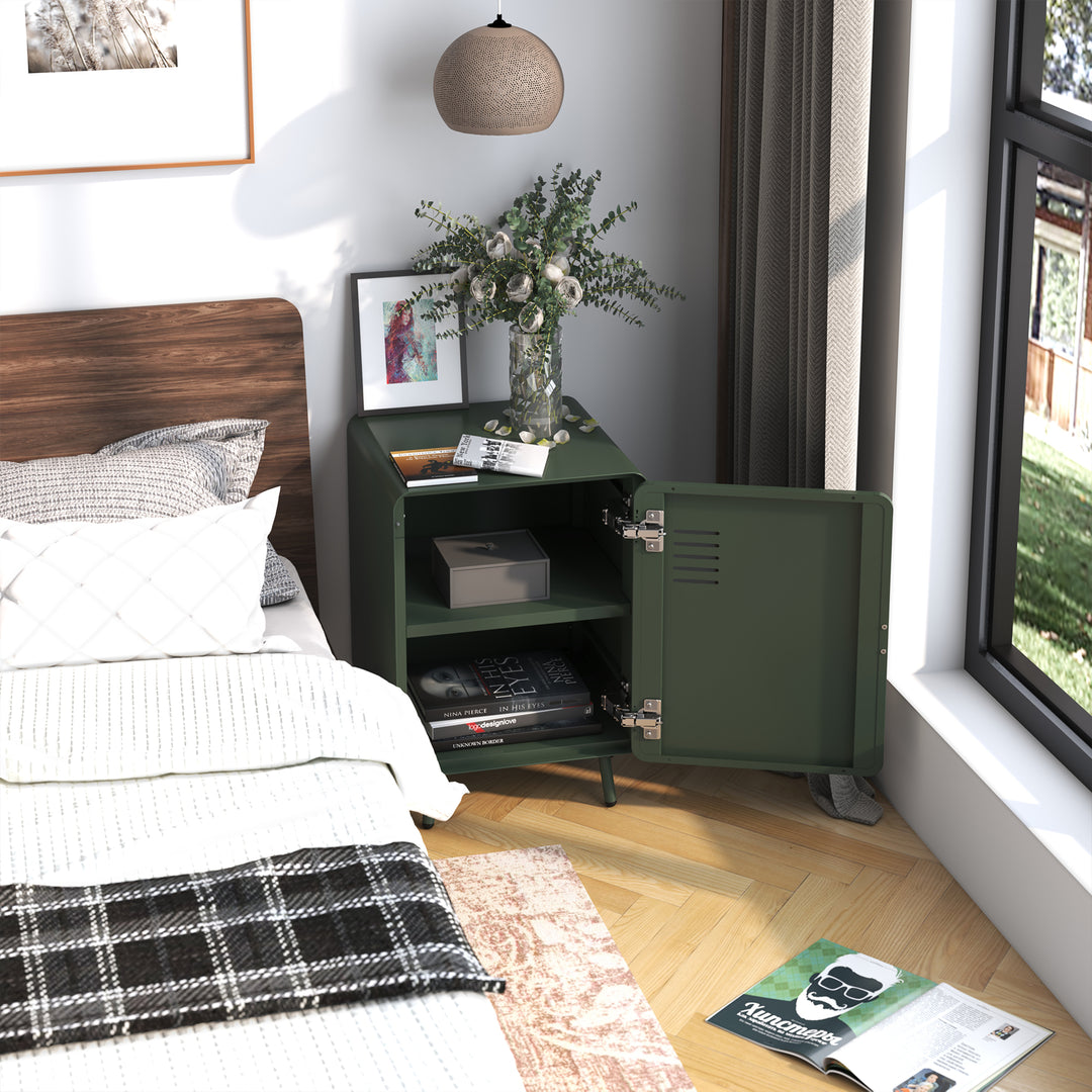 FurnitureR Nachttisch aus Metall mit einer Tür, Beistelltisch mit 2 Ablageflächen für Schlafzimmer, Wohnzimmer, Homeoffice, Grün 