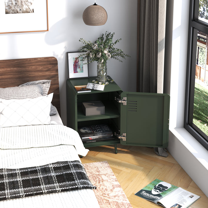 FurnitureR Nachttisch aus Metall mit einer Tür, Beistelltisch mit 2 Ablageflächen für Schlafzimmer, Wohnzimmer, Homeoffice, Grün 
