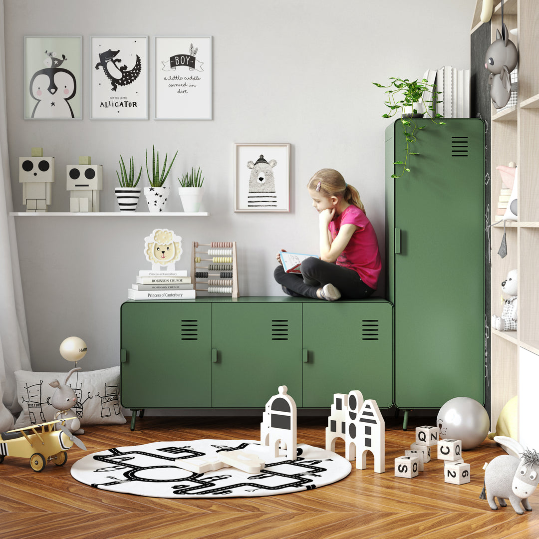 Meuble TV industriel en métal FurnitureR pour téléviseurs jusqu'à 50 pouces, console multimédia 3 portes avec étagères, centre de divertissement de 120 cm (47,24 pouces) pour salon, vert