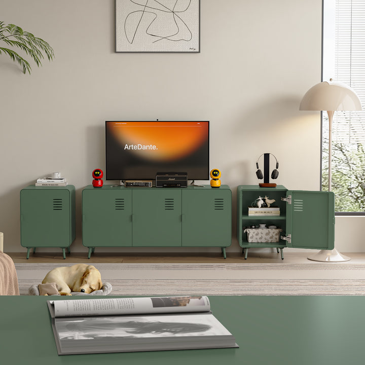 Meuble TV industriel en métal FurnitureR pour téléviseurs jusqu'à 50 pouces, console multimédia 3 portes avec étagères, centre de divertissement de 120 cm (47,24 pouces) pour salon, vert