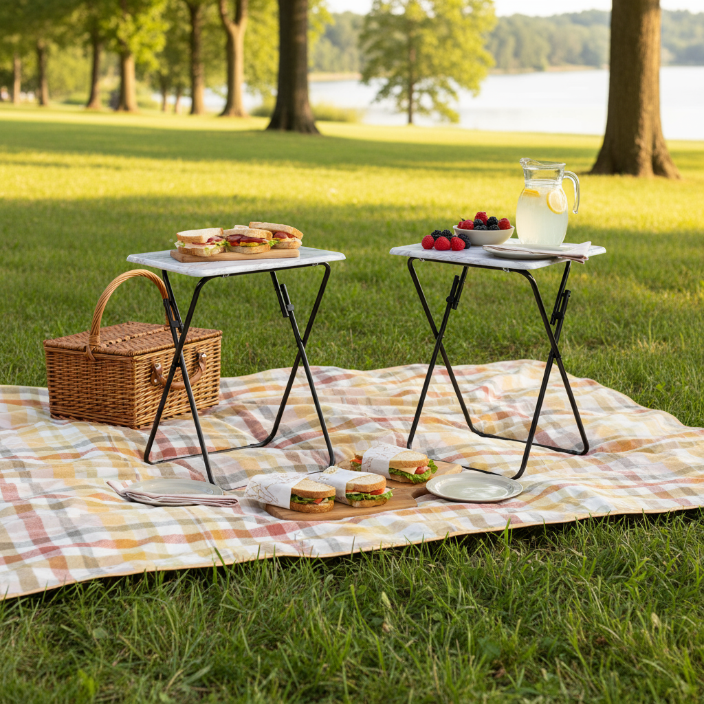 Tables d'appoint pliantes FurnitureR pour téléviseur, plateaux repas pliables, finition marbre, pour lit, canapé, gain de place, lot de 2, blanc 