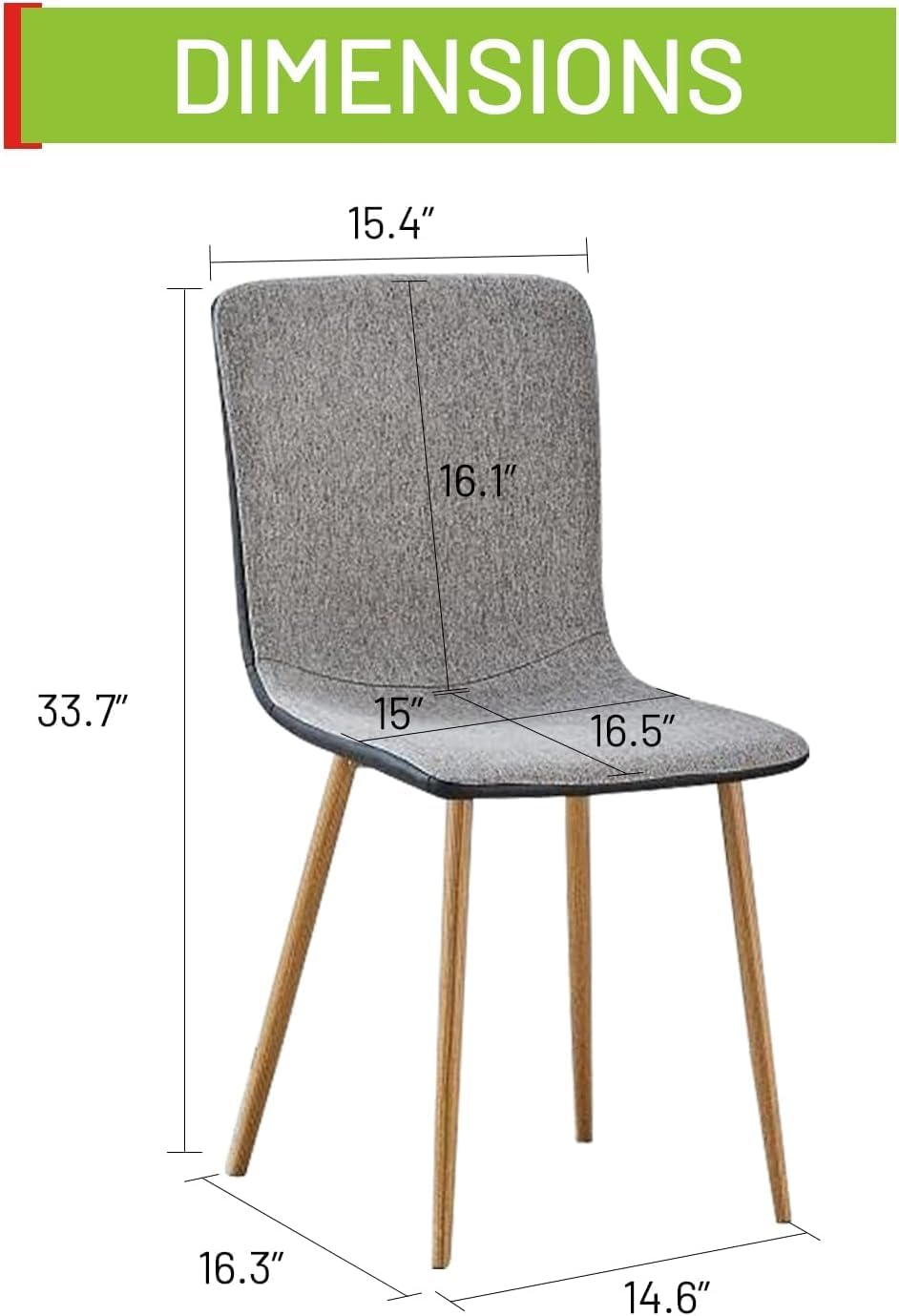 FurnitureR Dining Chairs Set of 4, Fabric Cushion Side Chairs Mid-Back with PU Back and Oak Metal Legs for Kitchen, Dining Room,  Grey/Black