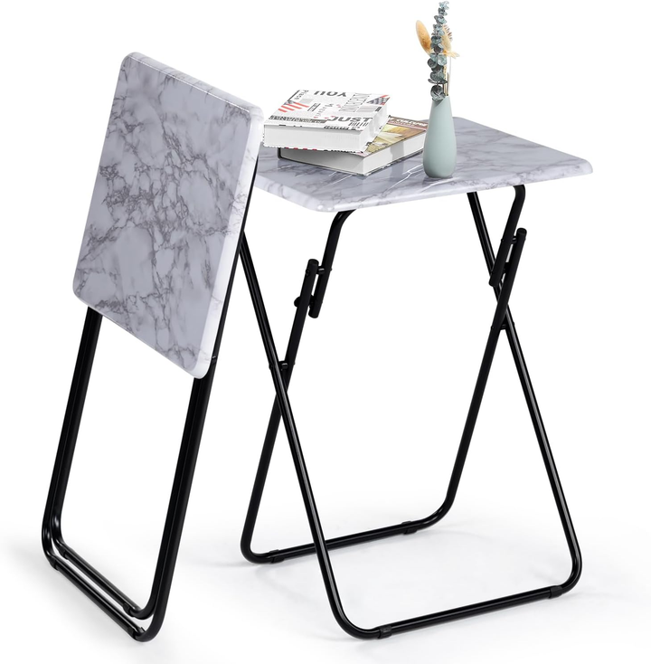 Tables d'appoint pliantes FurnitureR pour téléviseur, plateaux repas pliables, finition marbre, pour lit, canapé, gain de place, lot de 2, blanc 