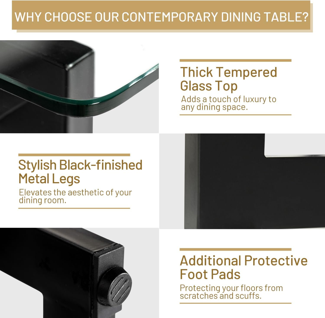 FurnitureR 55,1-Zoll-Glas-Esstisch, moderner rechteckiger Küchentisch mit stabilem Metallgestell, ideal für Esszimmer oder Homeoffice, Schwarz