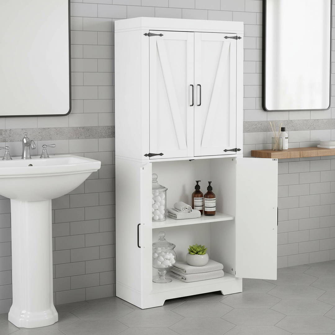 Meuble de rangement de cuisine FurnitureR de 173 cm de haut, armoire autoportante en bois avec 4 étagères et 4 portes, meuble blanc pour salle à manger, salon, bureau