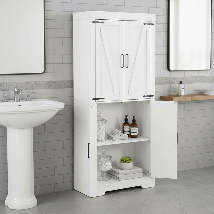 Meuble de rangement de cuisine FurnitureR de 173 cm de haut, armoire autoportante en bois avec 4 étagères et 4 portes, meuble blanc pour salle à manger, salon, bureau