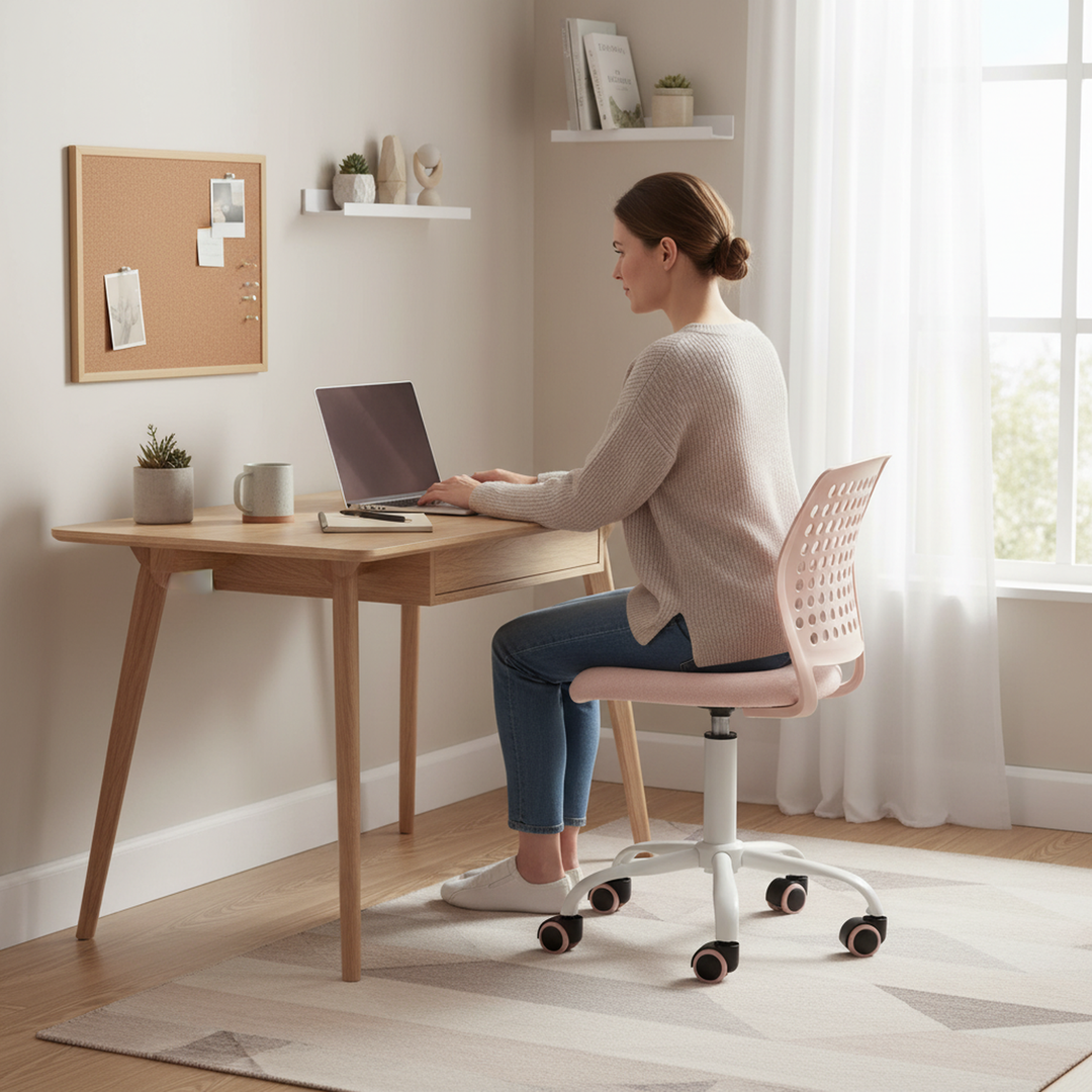 Chaise de bureau sans accoudoirs FurnitureR avec roulettes, compacte, pivotante et réglable en hauteur, idéale pour étudier ou travailler sur ordinateur. Dossier respirant, rose.