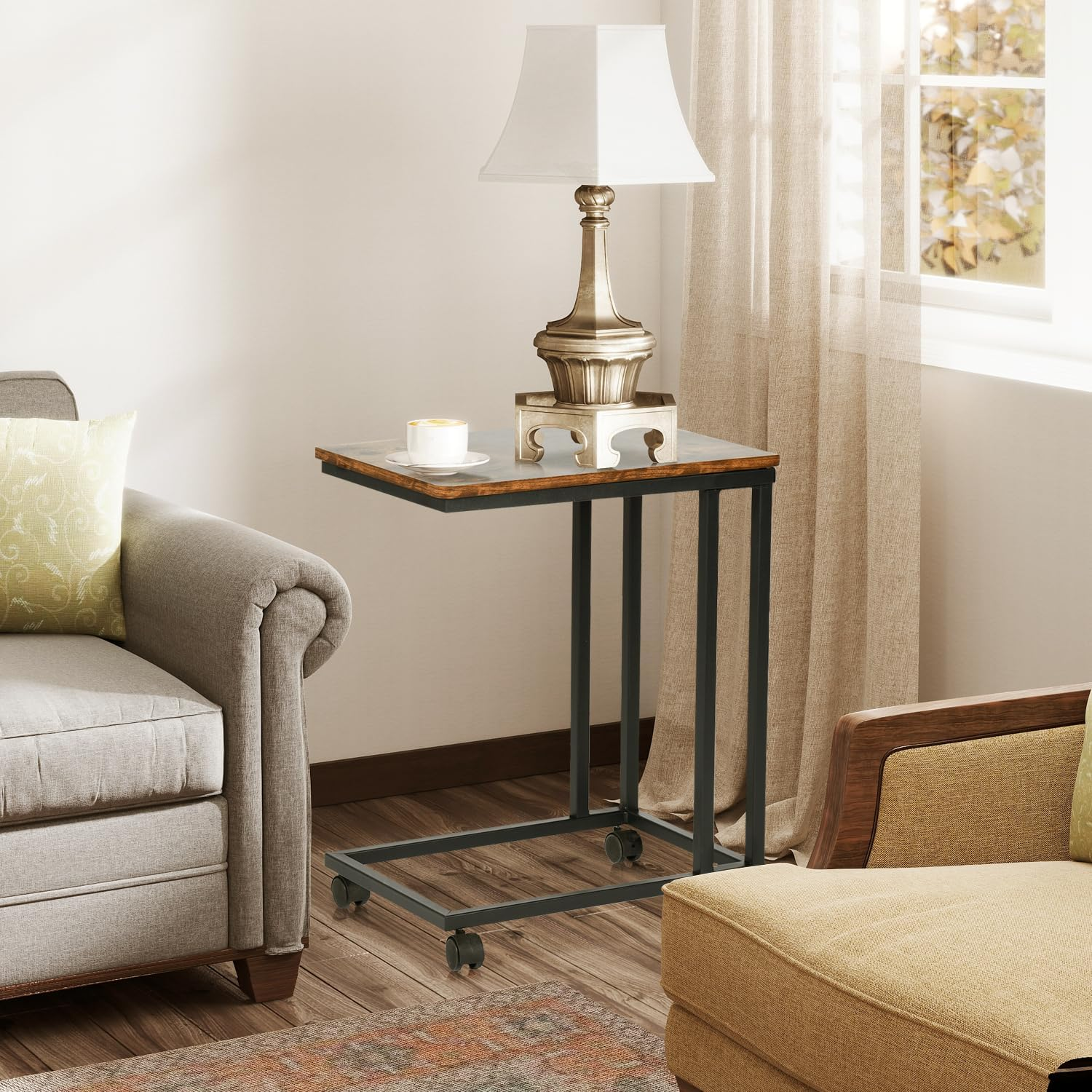 Table d'appoint FurnitureR en forme de C, table de chevet avec roulettes pour canapé et lit, portable, montage facile, structure en métal, marron rustique