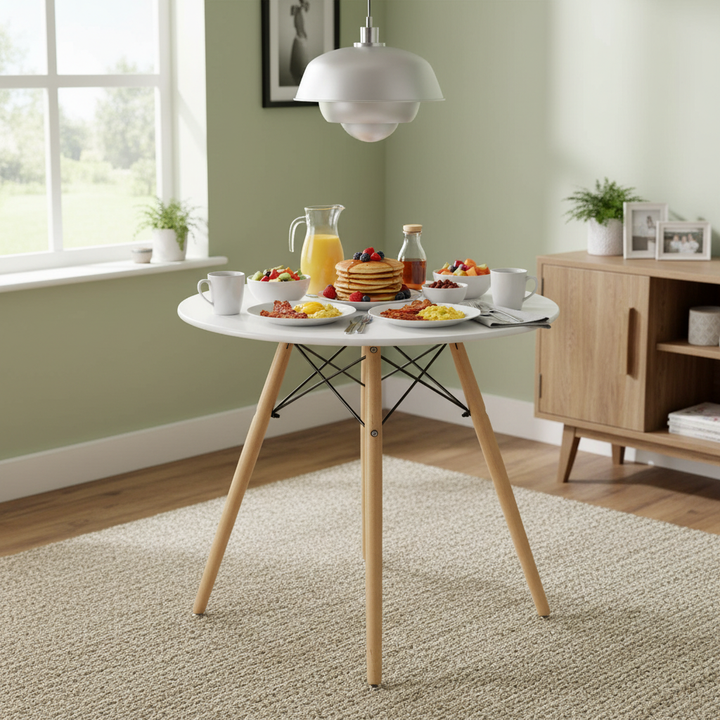 Runder Esstisch von FurnitureR, 80 cm Durchmesser, für 2-4 Personen, stilvoller runder Tisch mit Holzbeinen für Küche, Café und Hobbyraum, Weiß