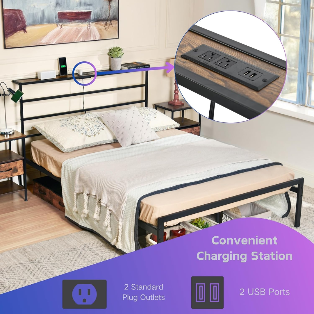 Cadre de lit en métal FurnitureR pour lit simple avec éclairage LED et station de recharge, sommier, tête et pied de lit Iron-Art, étagères de rangement, noir